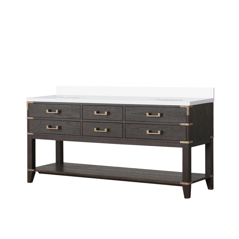 Chêne brun 72 po Meuble-lavabo double X 22 avec plateau en marbre de culture - construction en bois massif, fermeture en douceur, 4 tiroirs et armoire ouverte pour les options de rangement