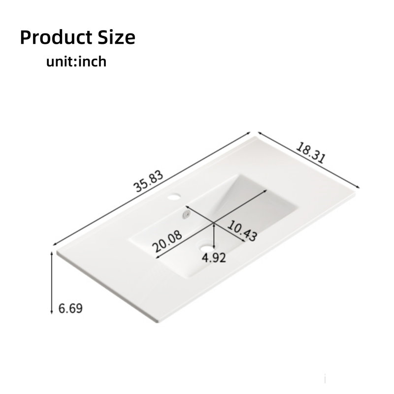 36-Inch Ceramic Bathroom Basin, Ceramic Bathroom Vanity Basin, No Overflow, Gloss