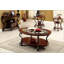Table basse en cerisier brun de style traditionnel avec design orné, plateau en verre et tablette inférieure ouverte pour les salons élégants.