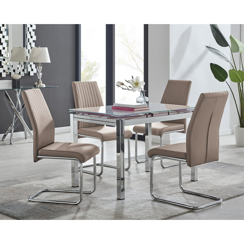 Tierra Modern Glass & Metal Extendable Dining Table Set & 4 Luxury Faux Leather Dining Chairs, Cappuccino