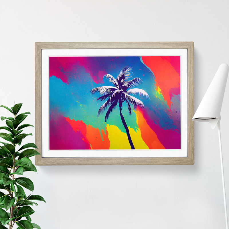 Colourful Palm Tree - Single Picture Frame Painting, Oak Framed, 25cm H x 34cm W x 2cm D