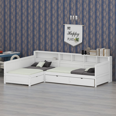 Versatile Corner Bed Frame with Storage Drawers and Display Shelves Designed for Bedroom and Living Spaces
