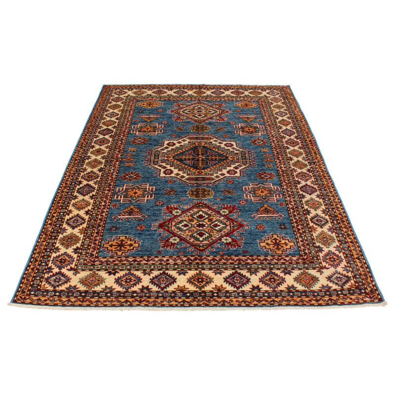 5x7 Blue and Ivory Kazak Tribal Rug