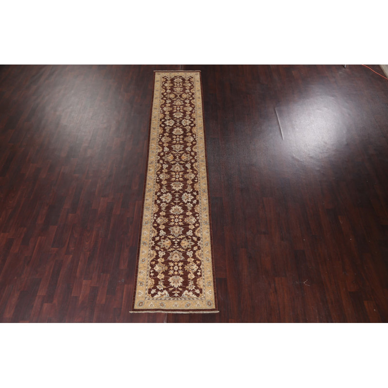 Tapis de couloir brun / bourgogne / beige en laine noué à la main de conception unique 2 pi 7 po x 12 pi 10 po