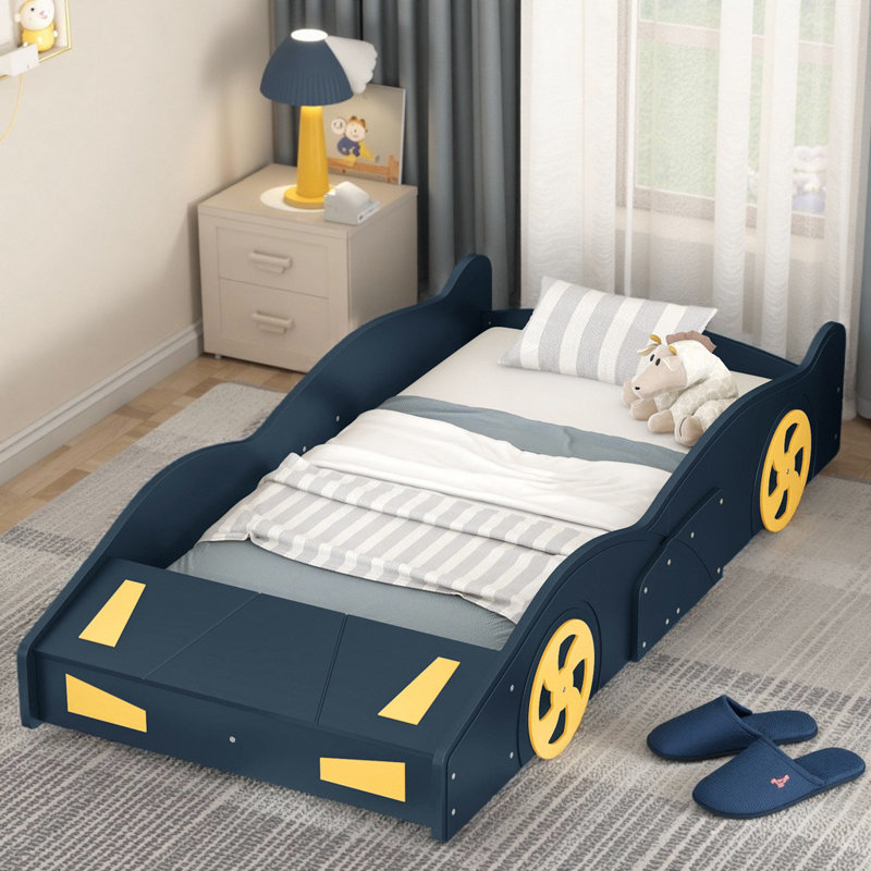 Kids Race Car-Shaped Platform Bed with Innovative Storage, Blue, Twin