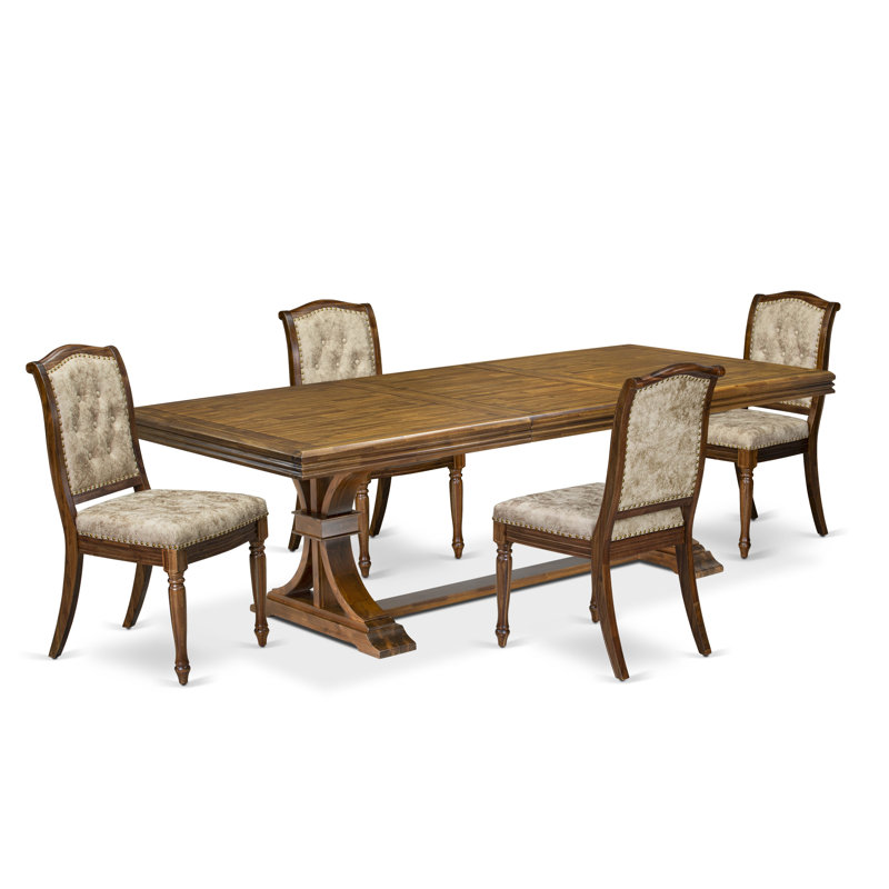 L'ensemble de table de cuisine 5 pièces comprend une table de salle à manger rectangulaire et 4 chaises de salle à manger en cuir PU beige clair, finition noyer antique