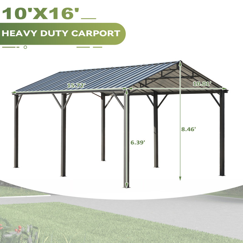 10' X 16' Outdoor Carport, Car Port With Galvanized Steel Roof, Multi-purpose Shelter For Cars, Boats, And Tractors
