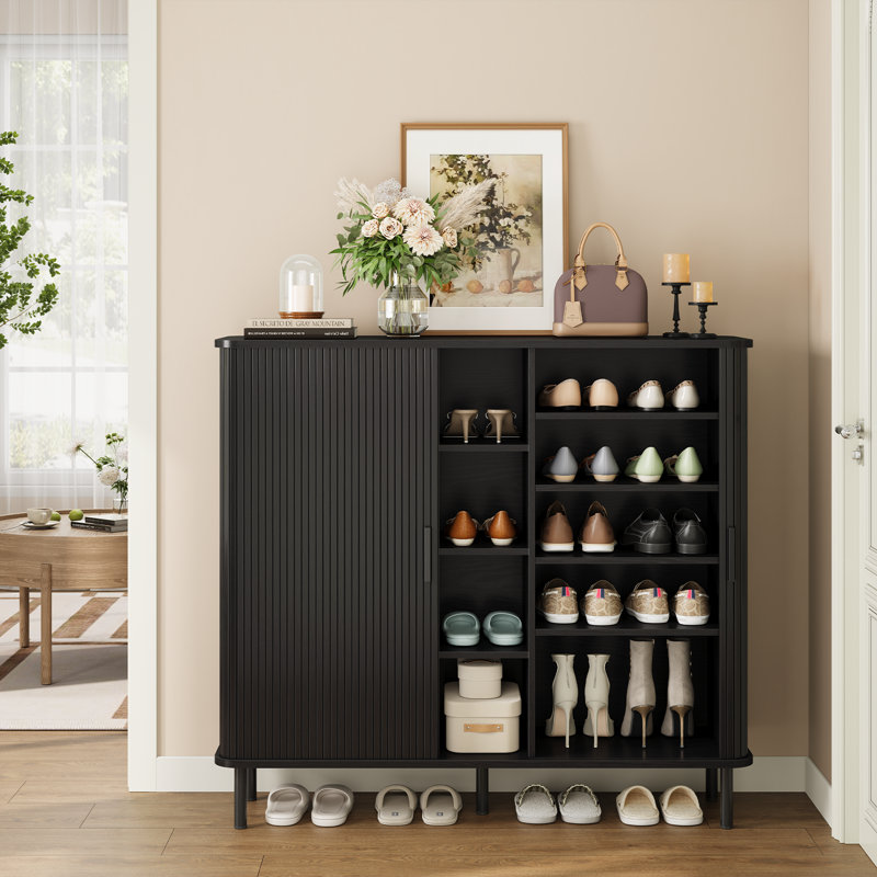 26 Pair Shoe Storage Cabinet With Open Storage Compartments, 5-Tier Wooden Shoe Organizer Cabinet With Adjustable Shelves & Tambour Sliding Doors