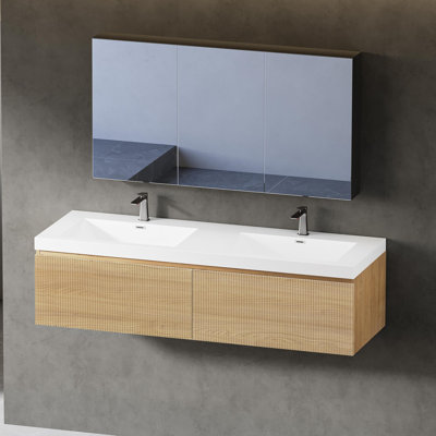24-72" Floating Bathroom Vanity Modern Wall-Mounted Striped Single/Double Bathroom Storage Cabinet with 2 Soft-Close Drawer, Integrated Stone Basin
