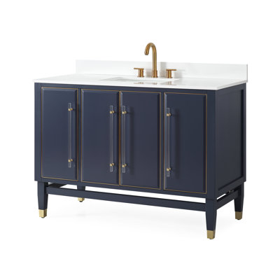 Meuble-lavabo moderne autoportant Tennant Brand 48 pouces, bleu marine Bertone, lavabo simple, comptoir en quartz blanc, entièrement assemblé