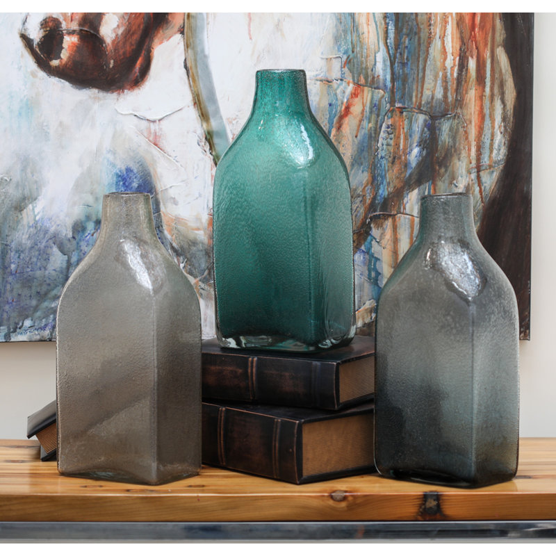 Ensemble de 3 vases de table en verre vert / mousse / pêche, H 14,75 po x l 6,65 po x P 4,65 po