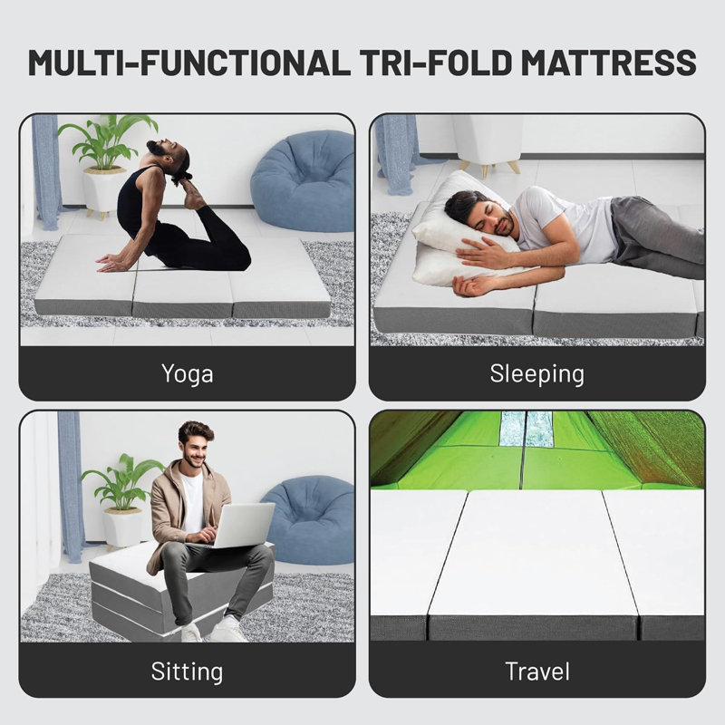 5-Inch Tri-Folding Gel Memory Foam Portable Floor Mattress Breathable Mesh, Ultra Soft, Cot Pad, Removable And Washable Cover, Comfortable Support, Therapeutic Qualities, White
