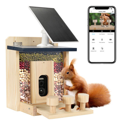 Smart Squirrel Feeder With Solar-powered Camera, 1.5l Wooden Nut Bar & Picnic Table, Hd Live View, App Control, 2.4g Wifi, 64gb Tf Card Included, Ideal For Outdoor Squirrel Watching