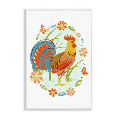 Rooster with Butterflies Border Framed Giclee, design by Hannah Moren
