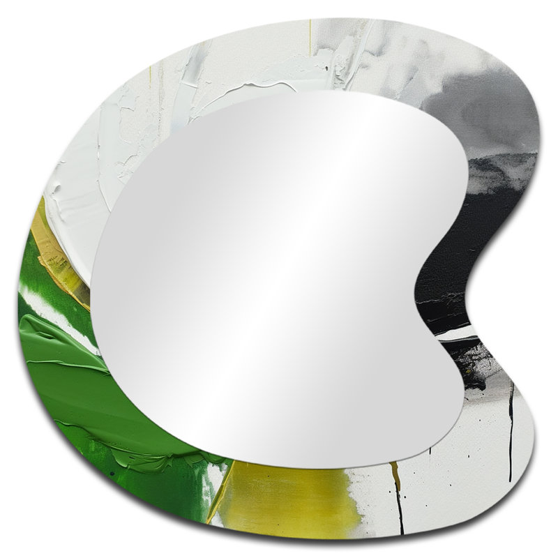 Frohlinde Green And Black Geometric Enchantment II - Marble Unique Shape Decorative Wall Mirror, Modern Asymmetrical Mirror, Printed Metal Art