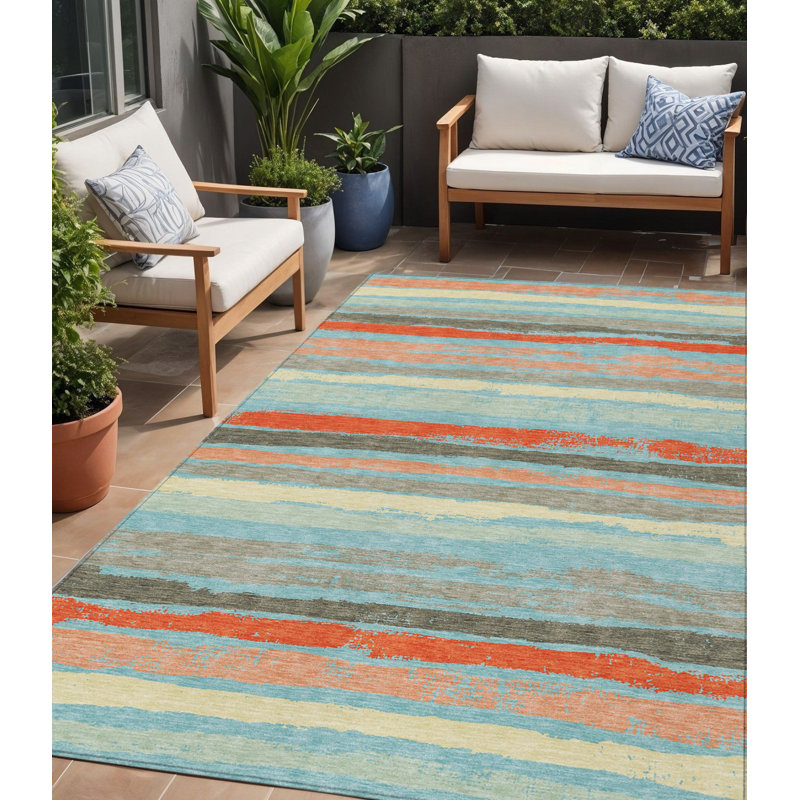 Tapis extérieur lavable rayé bleu ciel et gris 5 pi x 8 pi