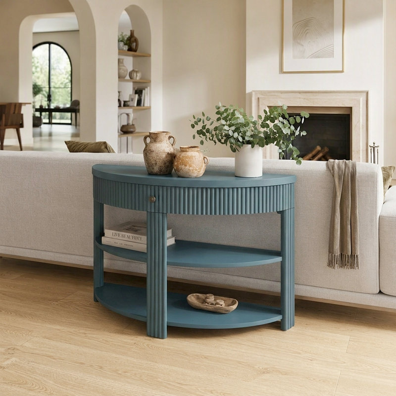 Console décorative - Design en demi-lune cannelée avec tiroir et 2 tablettes ouvertes, Marine, Marine, Marine