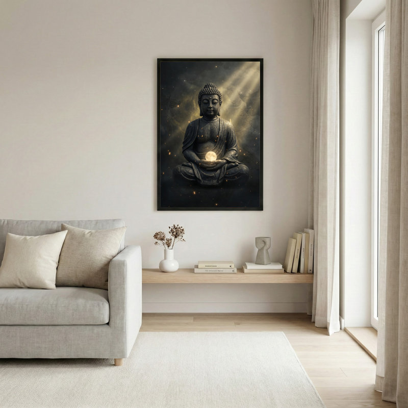Statue de Bouddha avec orbe lumineuse, toile tendue sur châssis (1 pièce), H 30 po x l 20 po