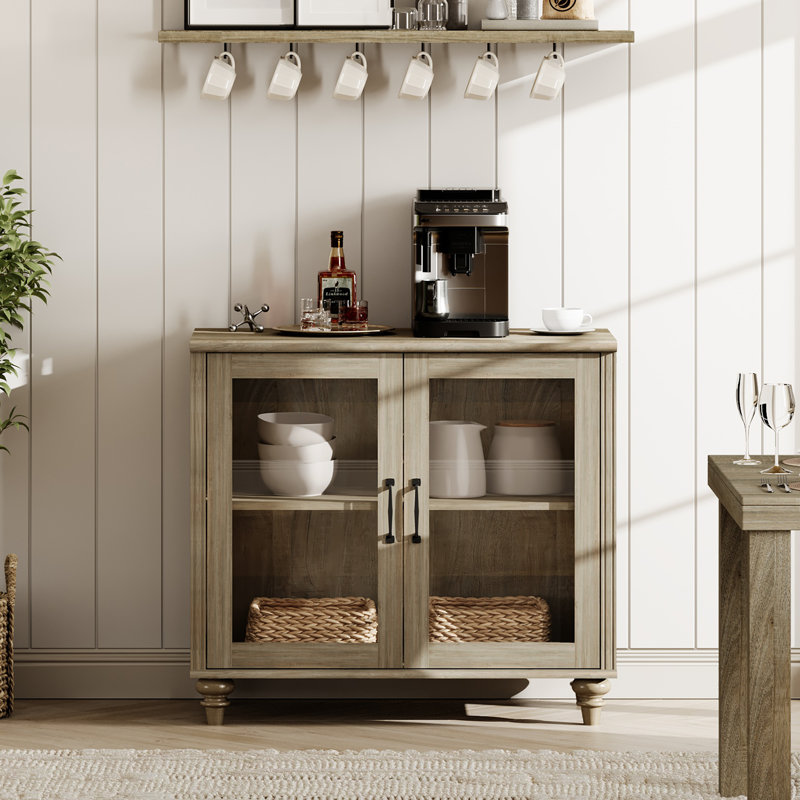 Scarlett Sideboard Cabinet With Bar Hutch, Buffet Cabinet With 2 Glass Doors, Wash Gray