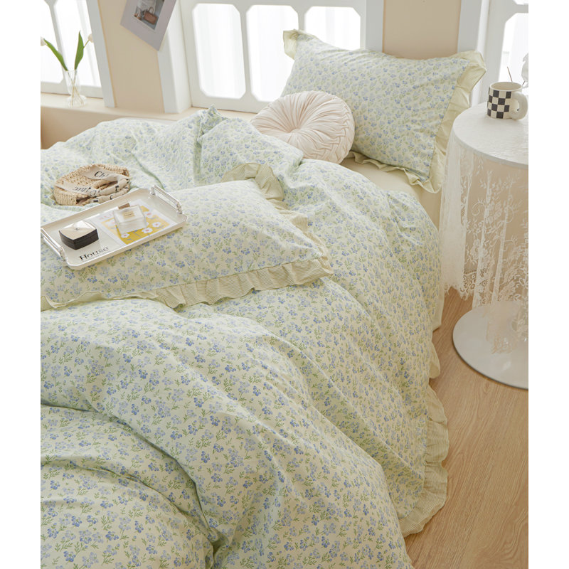 Muti-Floral Pattern Ruffle Laced Cotton Duvet Cover Set, King Duvet Cover + 2 King Pillowcases, Blue Floral