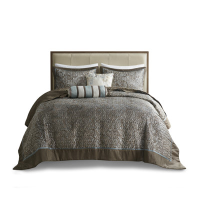 Ensemble de couvre-lit 5 pièces en jacquard avec coussins décoratifs bleu / brun très grand