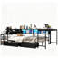Cadre de lit d'angle avec bibliothèque, 2 tiroirs de rangement sous le lit et casiers de rangement ouverts, lit de jour moderne en métal avec lumière DEL et station de charge pour les petits espaces-2063269372-2063269374