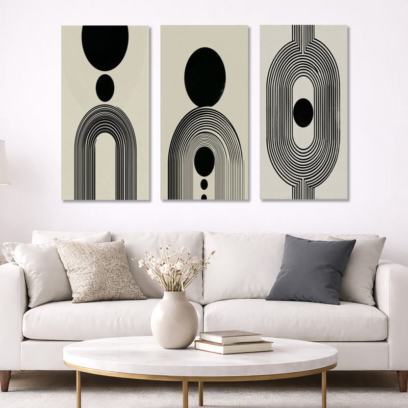 Vortex rétro noir et beige - décoration murale abstraite style Mid-Century 3 pièces, Toile tendue, 32" H x 48" W