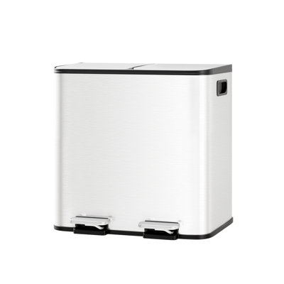 Poubelle de cuisine à deux compartiments en acier inoxydable - 2 bacs à pédales de 15 L, couvercle à fermeture douce, seaux intérieurs amovibles, poignée latérale, pour l'organisation à la maison, blanc
