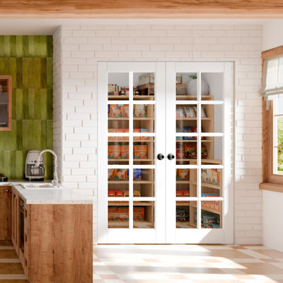 Interior Pantry French Doors - 1-Lite Frosted Standard Door Slab Prefinished Pine Solid Core Doors With Handle (No Frame)
