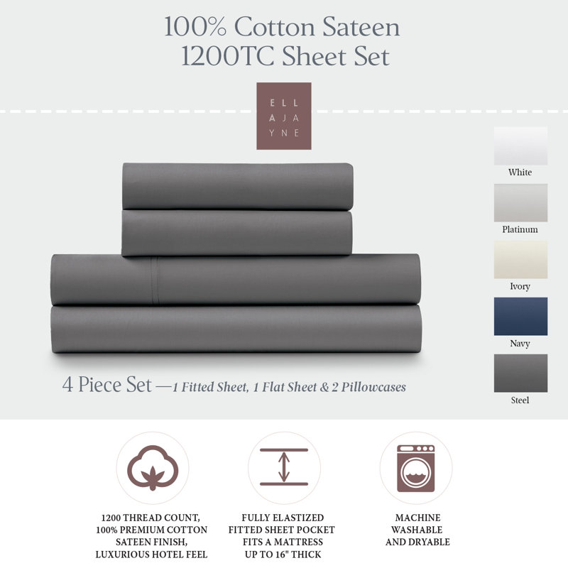 100% Cotton Sateen Luxurious 1200 Thread Count 4-Piece Sheet Set, Queen, Steel