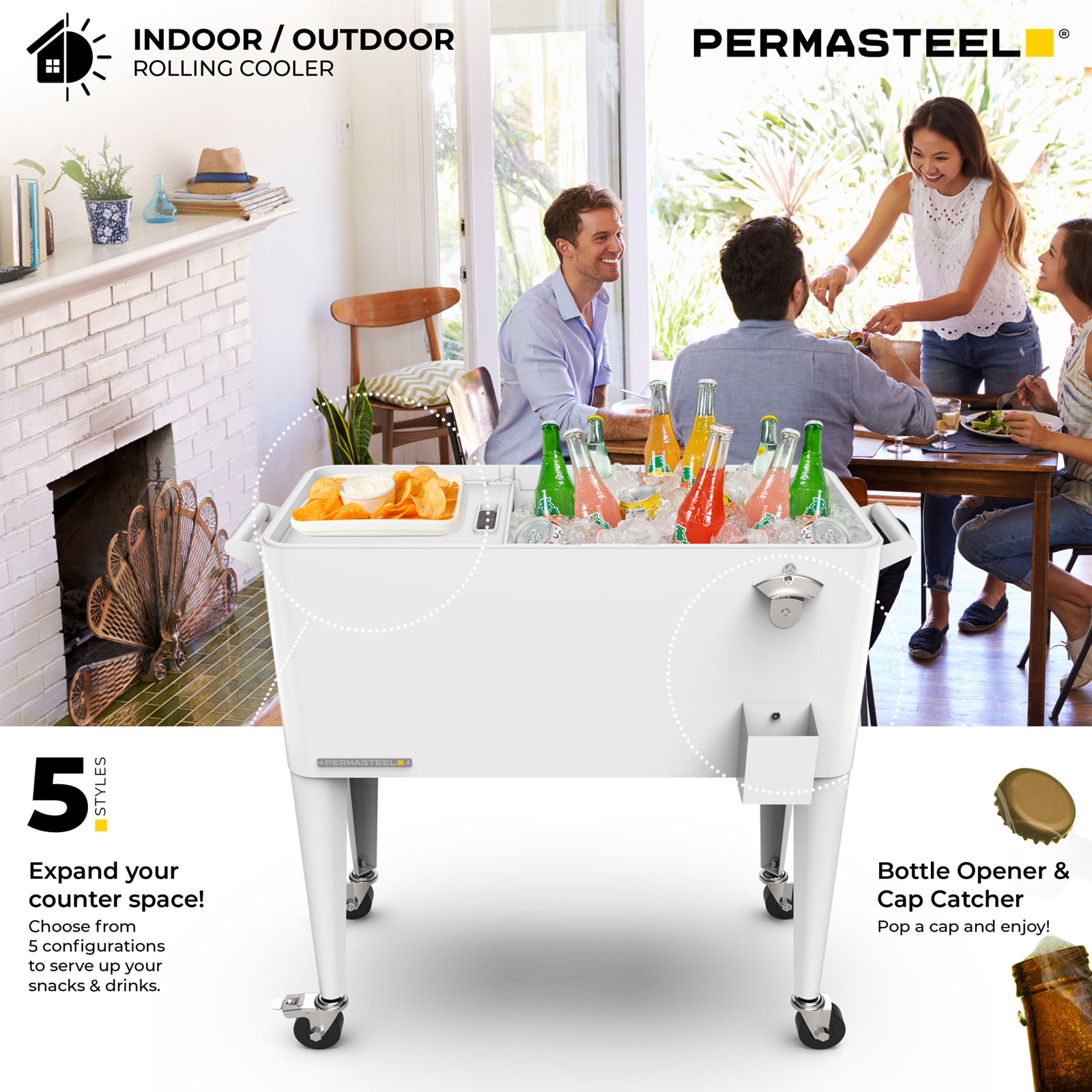 Permasteel 80-Qt Classic Outdoor Patio Cooler On Wheels, White, With Divider