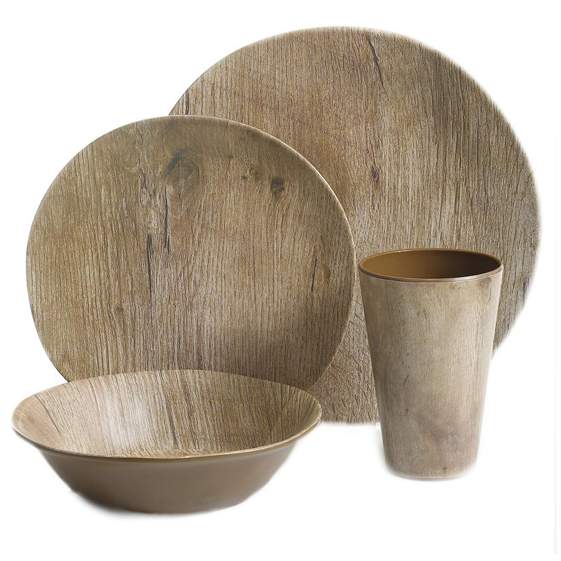 Woodgrain Brown Melamine Round Dinnerware Set, Service for 4