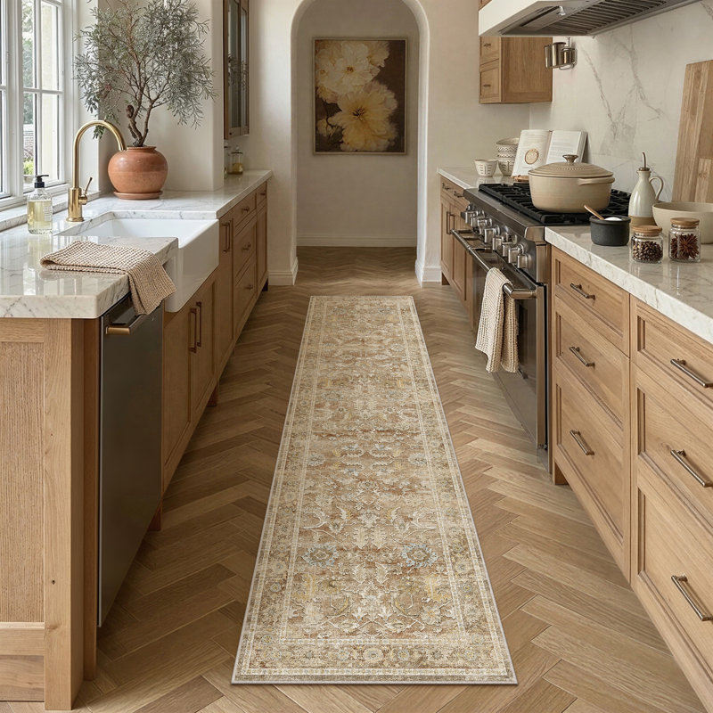 Vintage Distressed Oriental Washable Area Rug With Non-Slip Backing, Runner 2' x 8', Light Brown