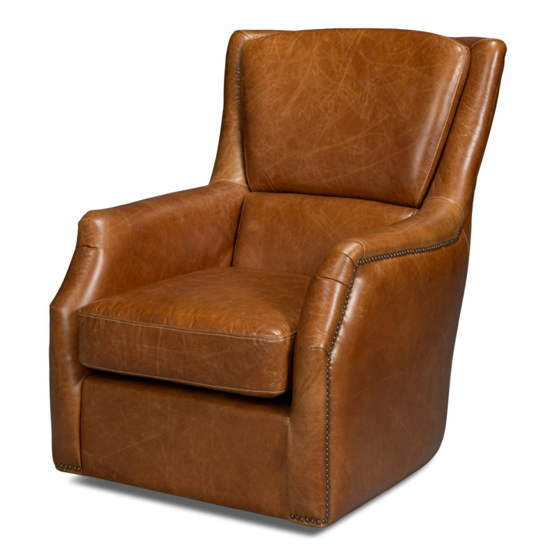 Baker Swivel Club Chair, Brown Genuine Leather
