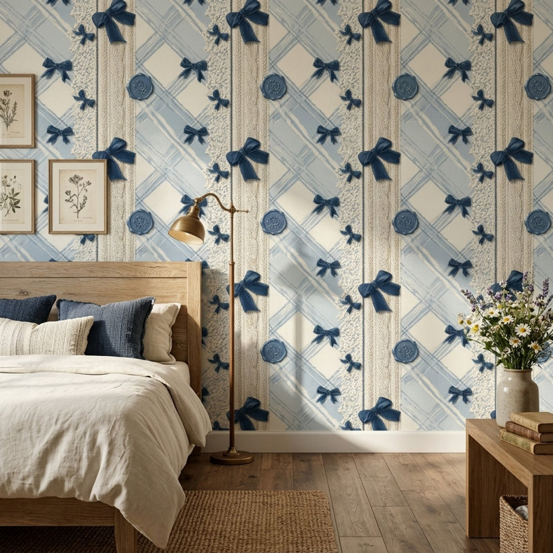 Papier peint à carreaux bleu clair avec ruban bleu marine et nœuds, Peler et coller