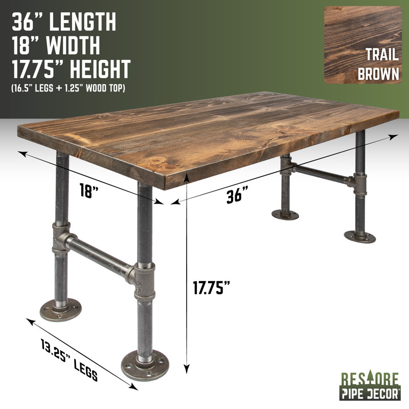 Wood Coffee Table With Industrial Steel Pipe Leg 18 In. X 36 In. X 17.75 In., Trail Brown
