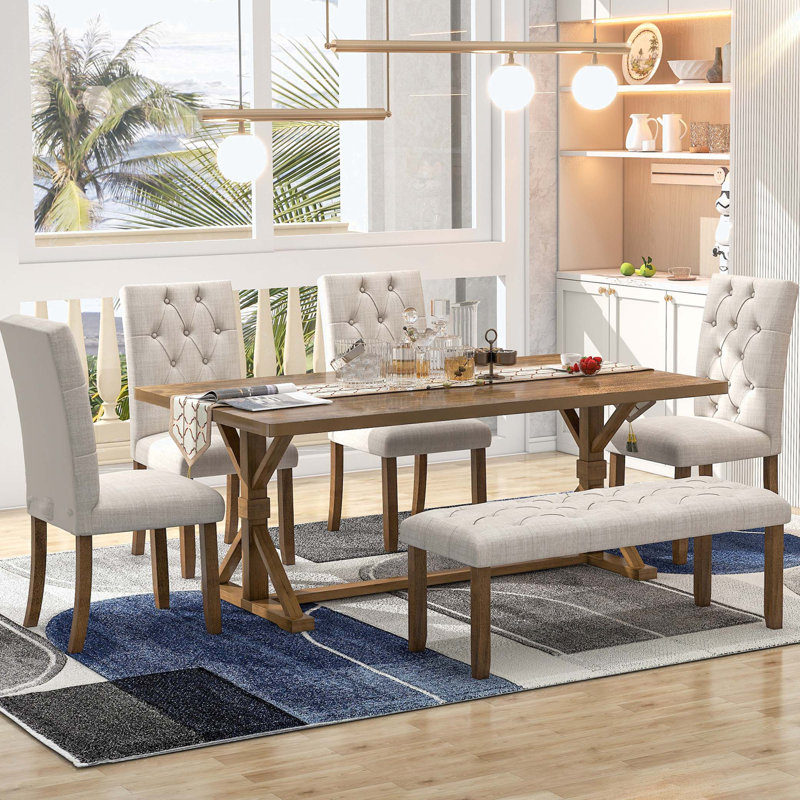 6-Piece Farmhouse Dining Table Set with 72" Wood Rectangular Table and Bench, Beige, Walnut