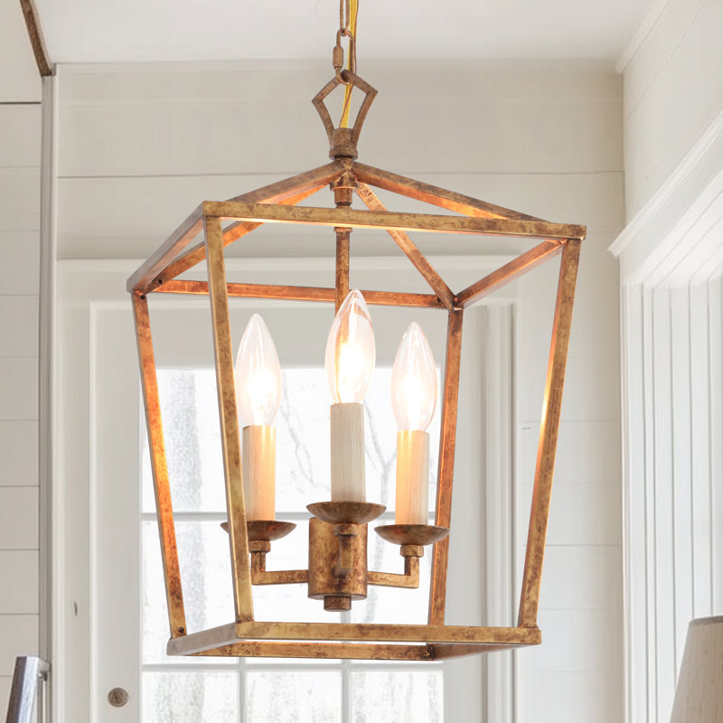 Lantern Pendant Lighting Vintage Brass Gold Foil Lantern Chandelier Vintage 3-light Metal Cage Pendant Light Fixture For Christmas Gift New Year Present Hallway Kitchen Dining Room Living Room Restaurant Foyer