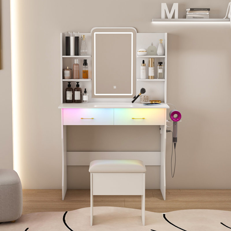 Bureau de coiffeuse avec miroir à DEL et prise de courant, ensemble de coiffeuse avec tiroirs de rangement et chaise, 3 modes d'éclairage et luminosité réglable RVB à DEL, coiffeuse pour chambre de filles, blanc