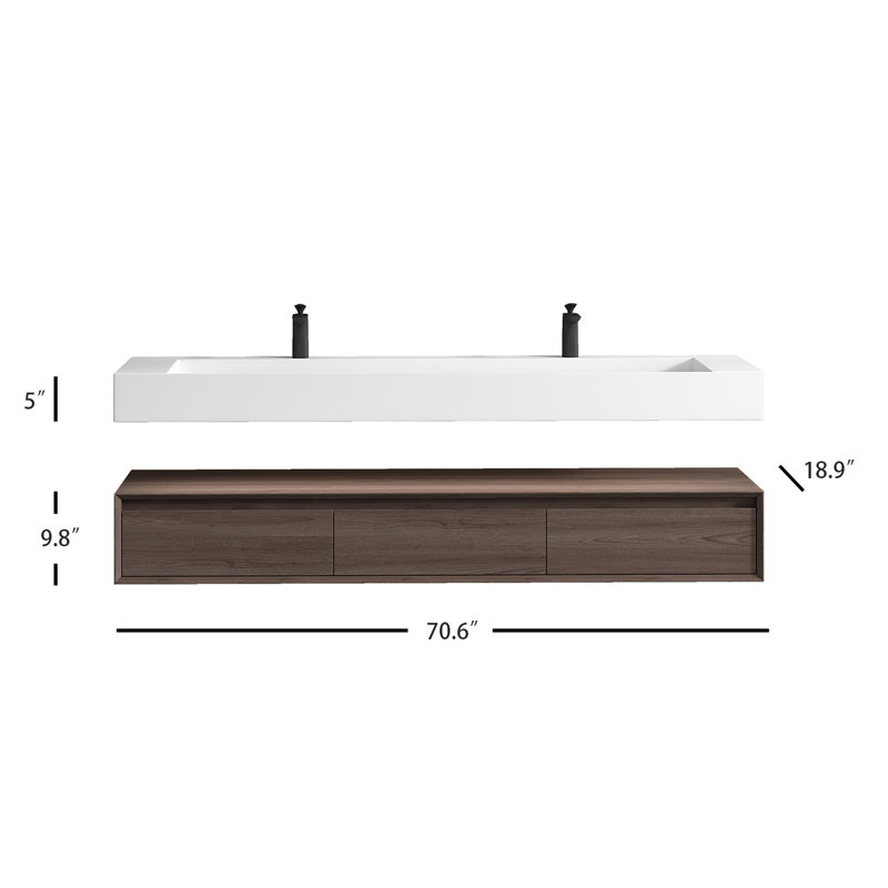 Alysa 71" Wall-Mounted Double Bathroom Vanity Set, Red  Oak