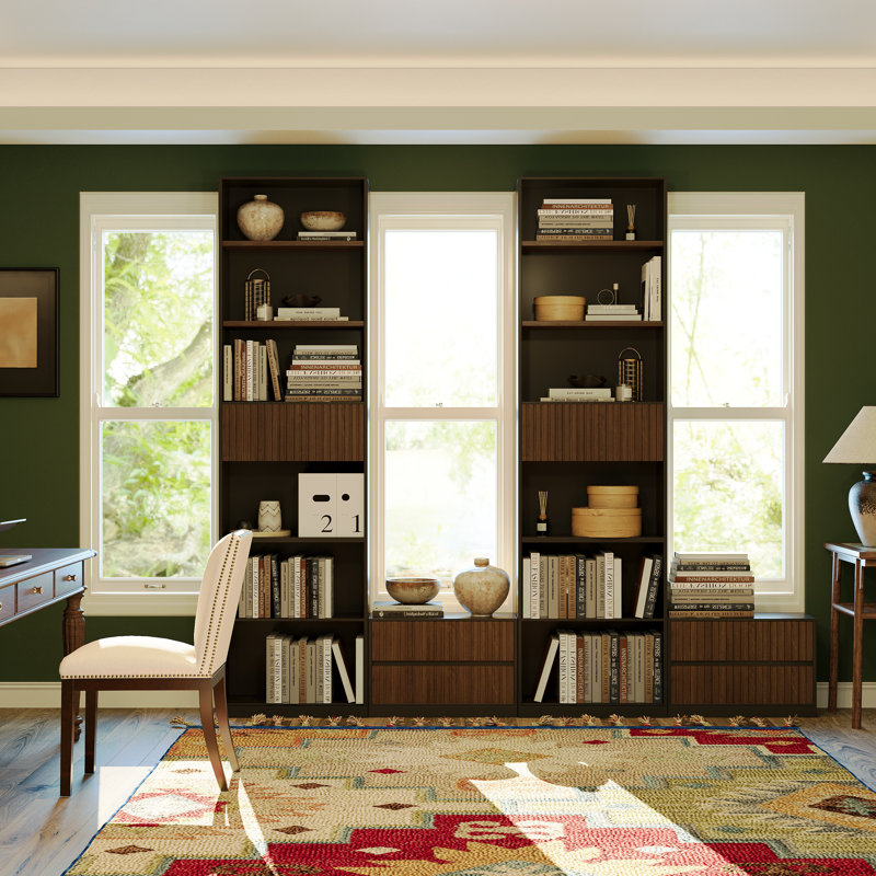 78.7" Tall Bookcase Set of 2 with Movable Footstool and Storage Drawers, Black/Brown