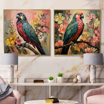 Faucon bleu et rose dans un arbre tropical - ensemble de 2 décorations murales Hawk