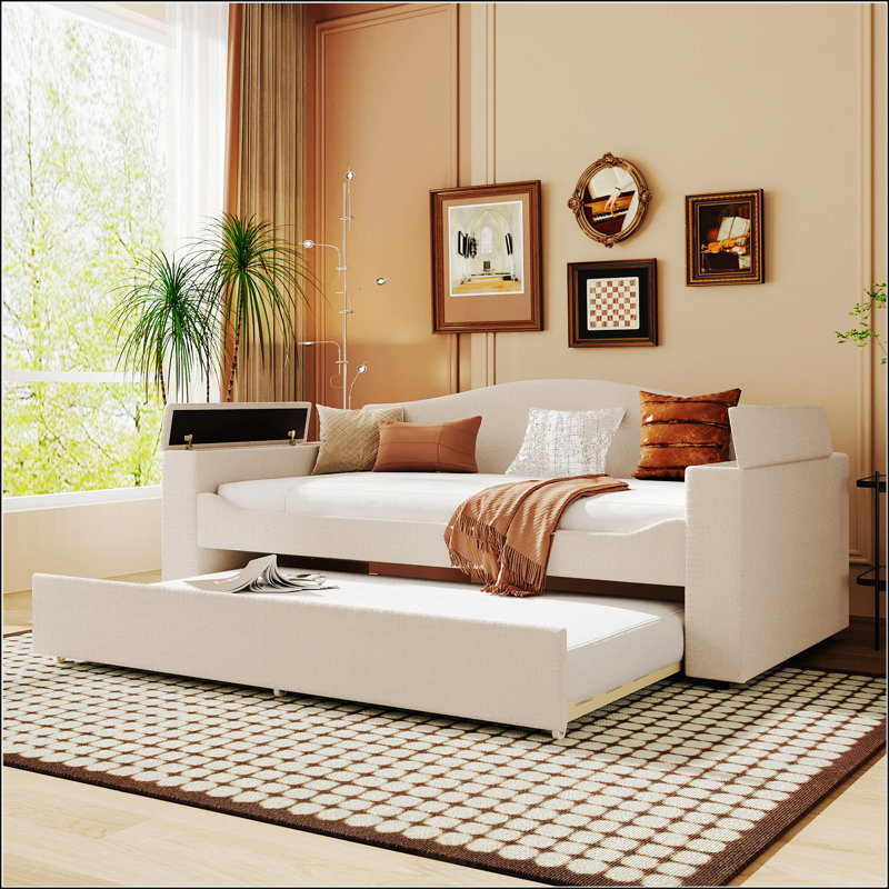 Upholstered Daybed With Storage Armrests, Beige