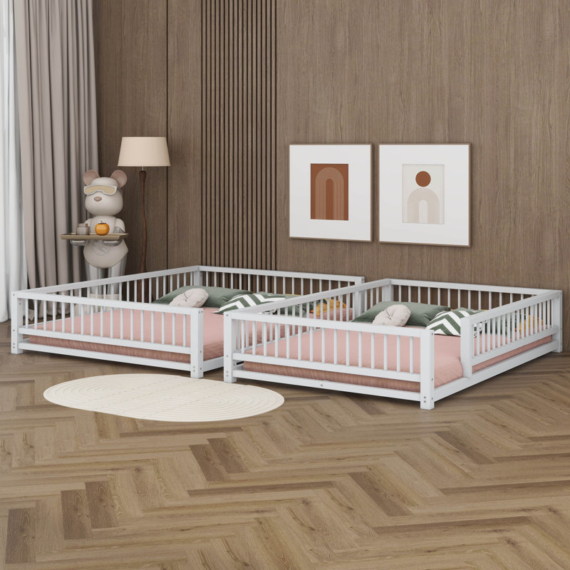 Lit double superposé au-dessus de grand lit en métal, structure de lit superposé au sol avec échelle et garde-corps de sécurité, aucun sommier nécessaire