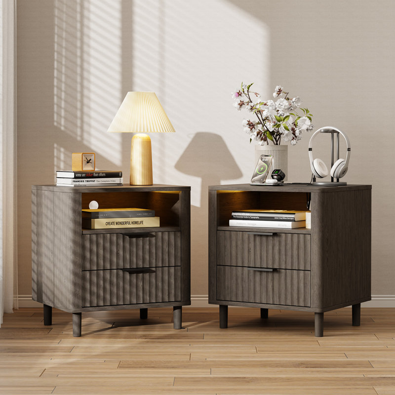 24" H Mid Century Night Stand with Charging Station, 2 - Drawer Storage Fluted Cute Bedside Table with Open Shelf, Curved Profile End Table for Bedroom, Living Room, Sofa and Office - 1 Pcs