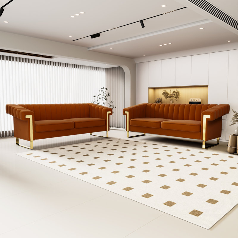Élégant canapé Mid-Century moderne en velours pour le salon, canapé confortable 3 places, Velours orange