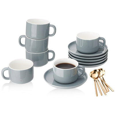 6-Piece Teacup And Saucer Set, Modern Porcelain Coffee Mug With Gold Spoon