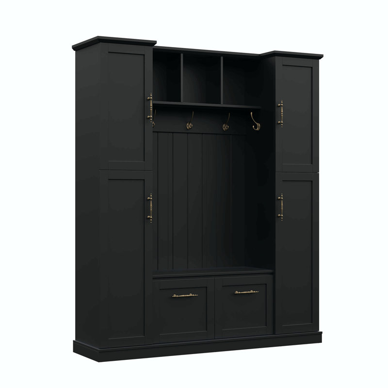 On-Trend Farmhouse Elegant Hall Tree With 4 Side Cabinets, All-In-One Mudroom Furniture With Adjustable Shelves & Open Cubbies, Beadboard Entryway Bench With Coat Rack & 5 Hooks For Hallway