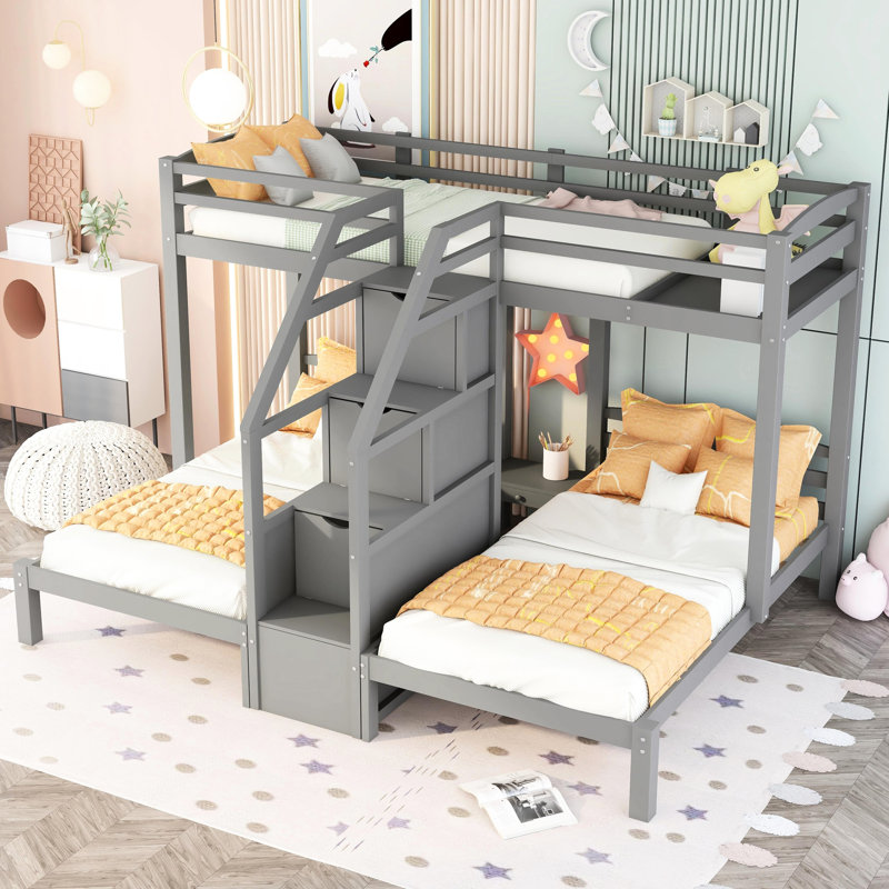 Lit simple au-dessus et superposé gris avec escalier et support - crée un espace de rangement pratique
