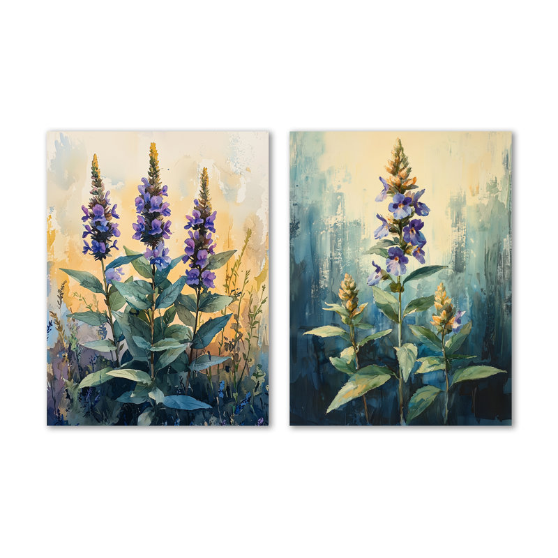 Herbal Serenity in Green Pastels Impressionist I - mauve botanique, ensemble de 2 décorations murales en métal, 32" H x 48" W